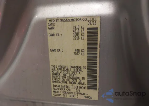 2014 Nissan Altima 2.5 Sv z USA, uszkodzony, nr VIN 1N4AL3AP3EC133906